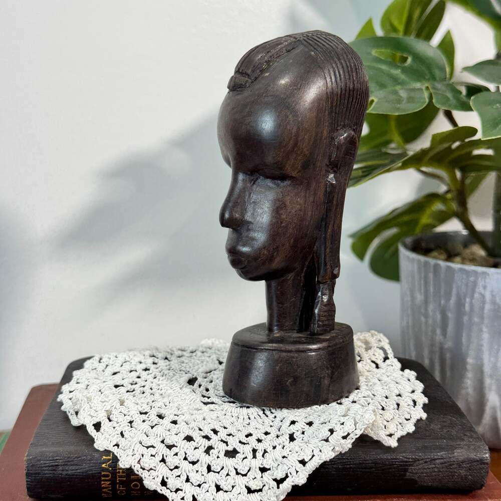 Hand Carved Tanzanian Ebony Wood African Bust Sculpture Makonde Woman 5"